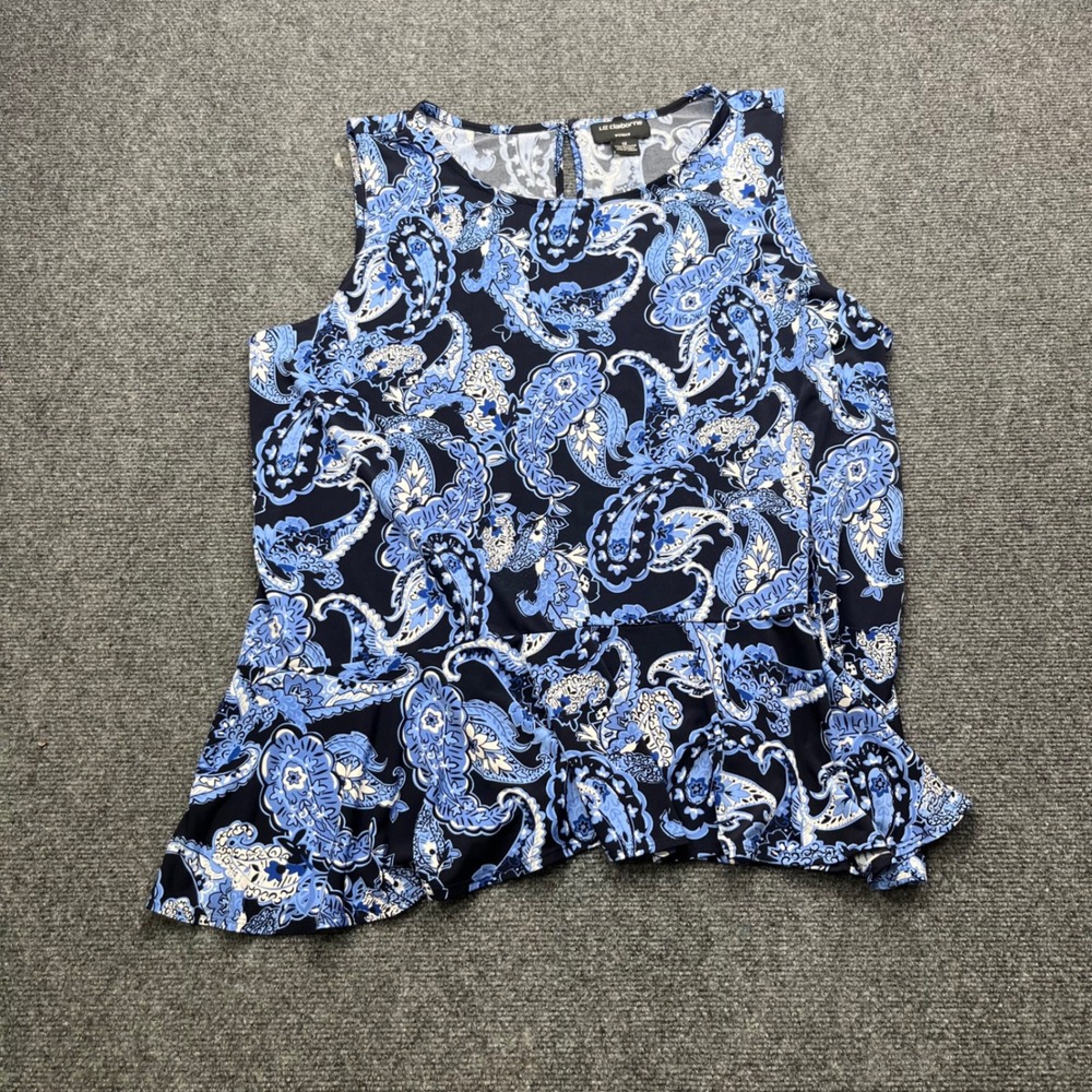 Liz Claiborne Sleeveless Peplum Blouse Blue Paisley Print Tank‎ Top
